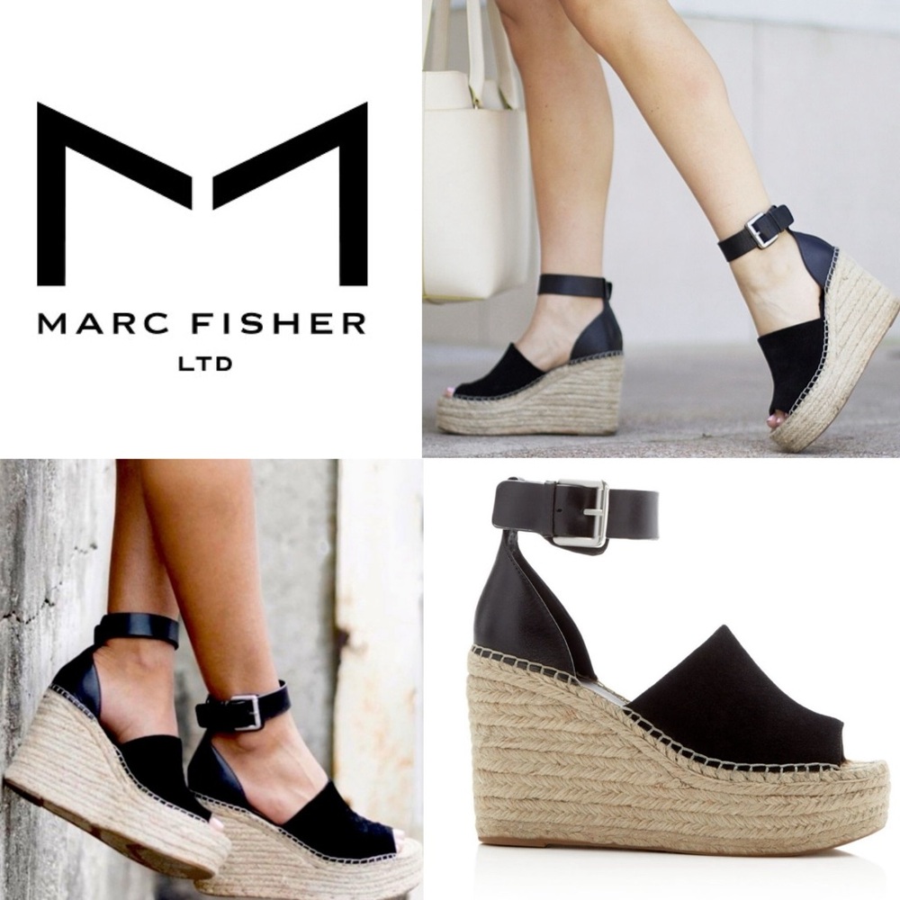 MARC FISHER Adalyn Black Leather/Suede Jute Wedge Platform Sandals 10